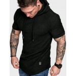 Men Solid Patched Drawstring Hooded Tee