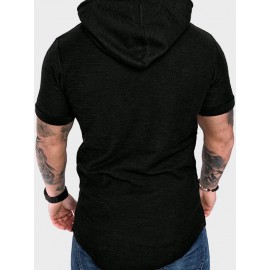 Men Solid Patched Drawstring Hooded Tee