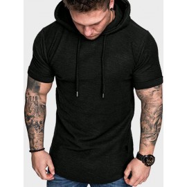 Men Solid Patched Drawstring Hooded Tee