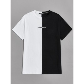 Men Drop Shoulder Embroidery Letter Spliced Tee