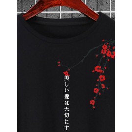 Men Floral And Japanese Letter Graphic High Low Hem Tee