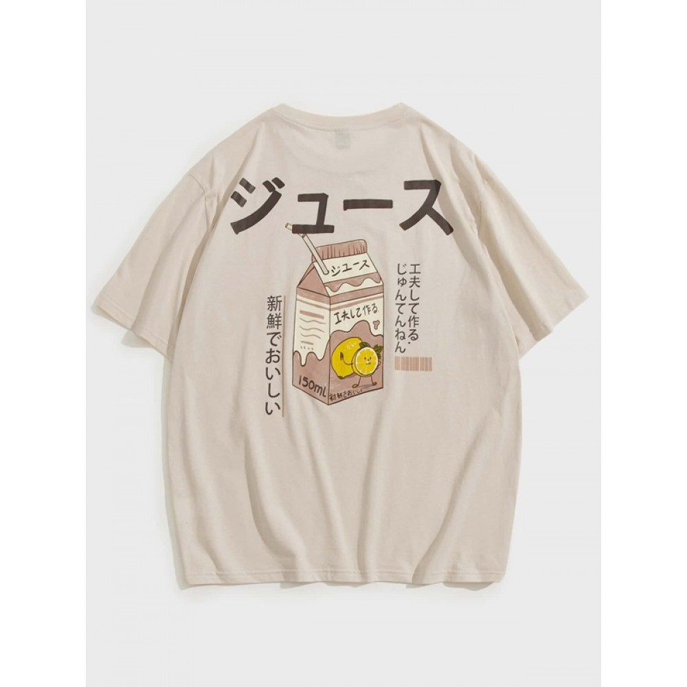 Men Japanese Letter & Cartoon Graphic Tee