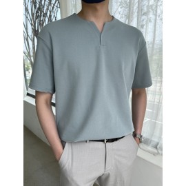 Men Notched Neckline Solid Tee