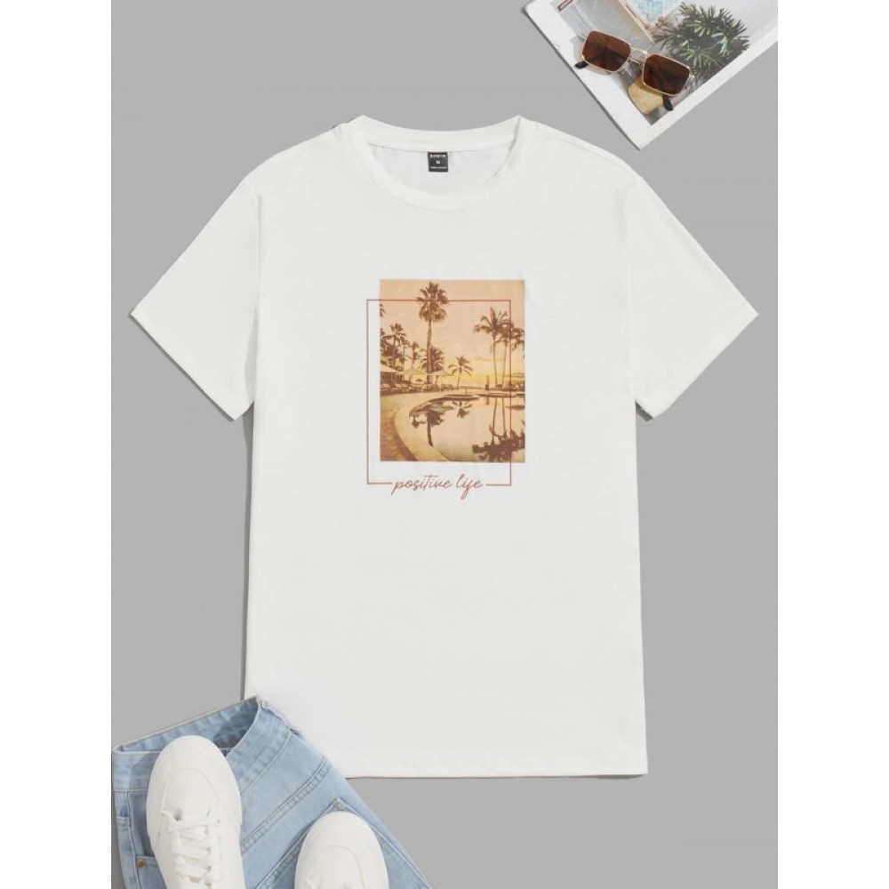 Men Slogan & Palm Tree Print Tee