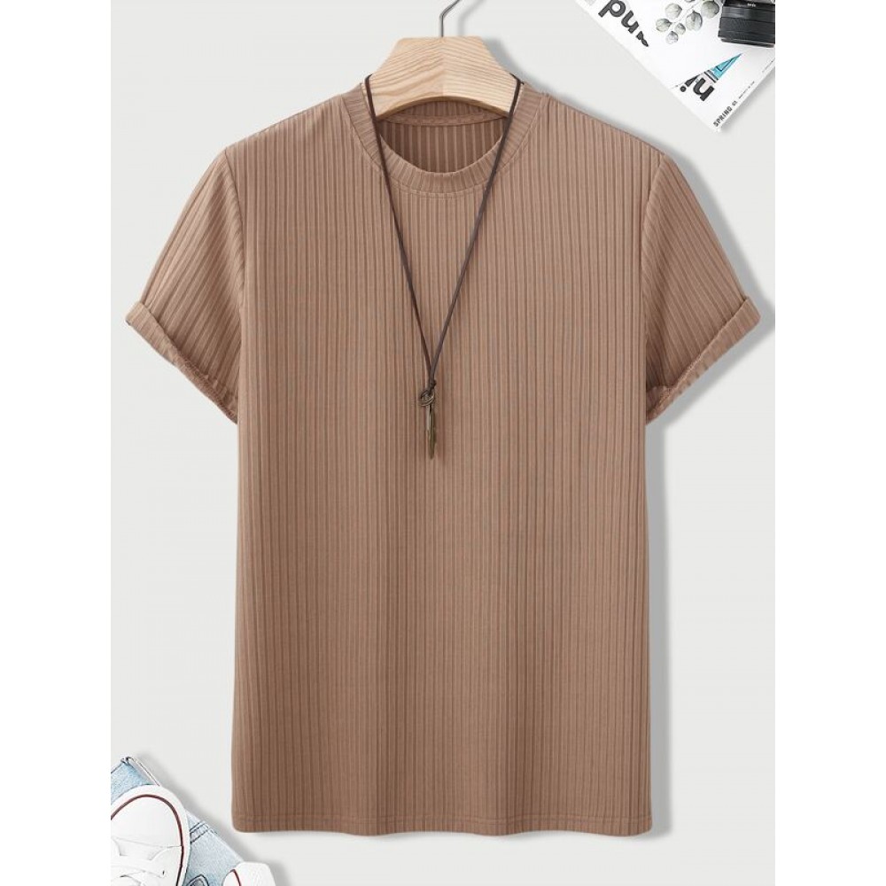 Men Solid Ribbed Knit Tee Without Necklace