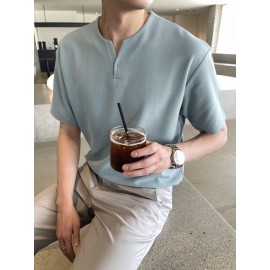 Men Notched Neckline Solid Tee