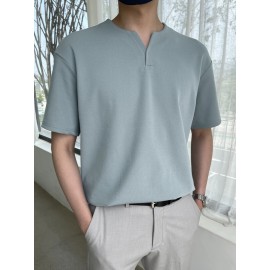 Men Notched Neckline Solid Tee