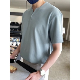 Men Notched Neckline Solid Tee