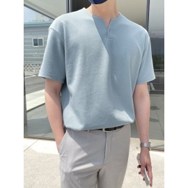 Men Notched Neckline Solid Tee