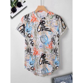 Men Graffiti Print Curved Hem Tee