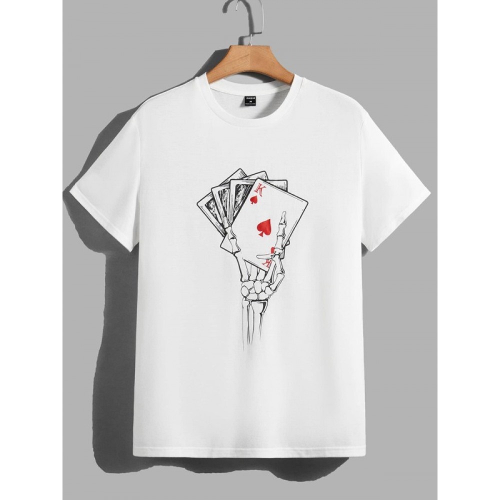 Men Playing Card & Skeleton Hand Print Tee